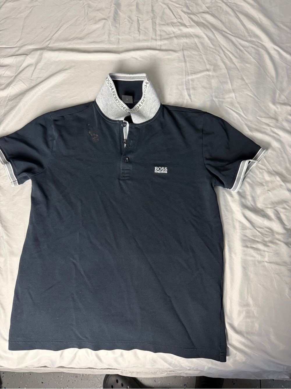 Hugo Boss Navy Polo with Light Gray Contrast Collar L